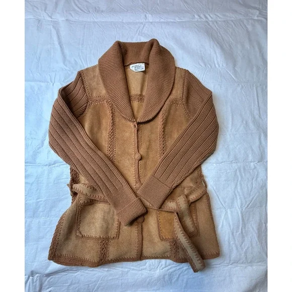 Vtg 1970's Belted Suede Knit Pieced Leather Crochet Cardigan Jacket Sz M *READ - Picture 4 of 11
